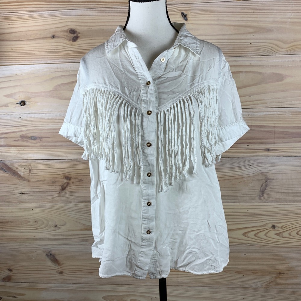 Show Me Your Mumu Lawson Fringe Shirt Womens Small White Western Boho Chic